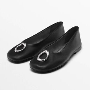 Massimo Dutti Black Leather Ballet Flats with Silver Hardware